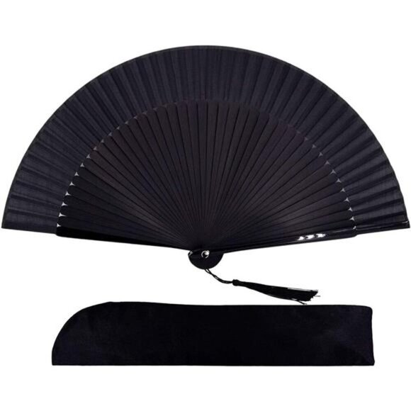 Elegant Black Folding Hand Fan Silk Fabric w/ Lacquered Bamboo Frame and Tassel - Picture 1 of 6